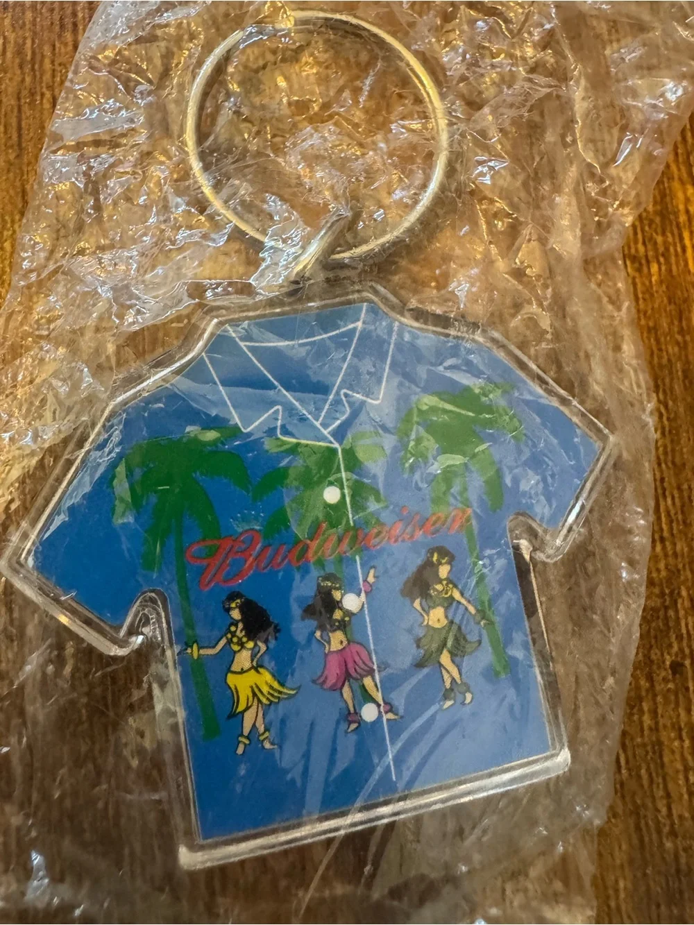 Budweiser Hawaiian Shirt Acrylic Keychain Hula Dancers Palm‎ Trees Beer Promo